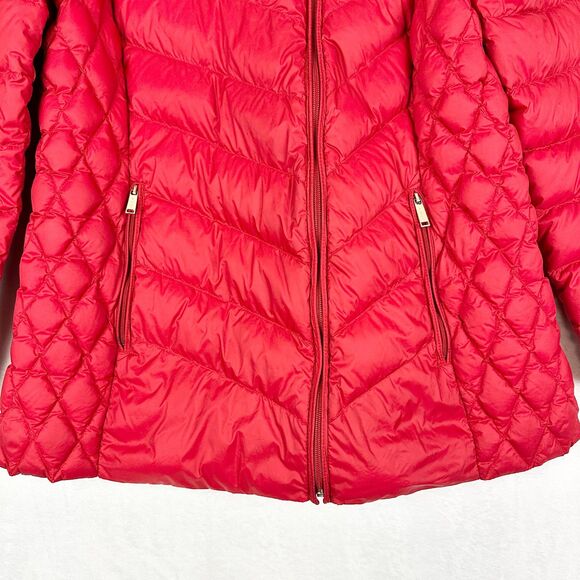Michael Kors Packable Down Fill Jacket Size Large Red Hooded Full Zip Quilted - Picture 4 of 9